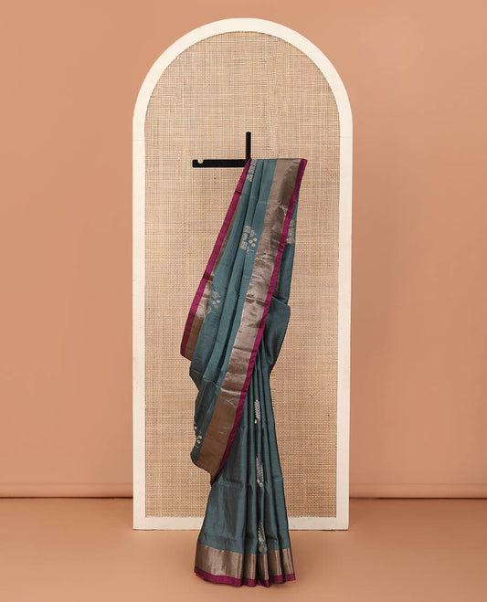 Grey zari buttas Uppada saree, contrast bavanji border, and intricately designed pallu