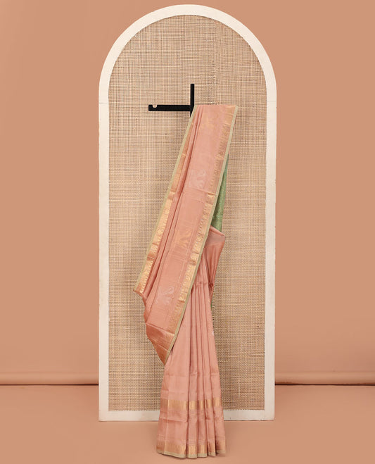 Pastel Pink Uppada Silk Saree Woven with Floral Buttas, Captivating Contrast Border of Traditional Zari Motifs and Peacock Motifs, Pallu Depicting Floral Jaal Design, and Paired with a Contrast Zari-Bordered Blouse