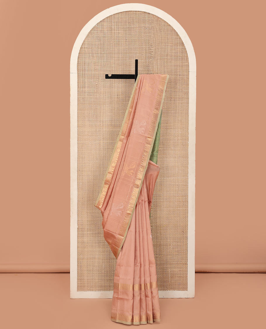 Pastel Pink Uppada Silk Saree Woven with Floral Buttas, Captivating Contrast Border of Traditional Zari Motifs and Peacock Motifs, Pallu Depicting Floral Jaal Design, and Paired with a Contrast Zari-Bordered Blouse