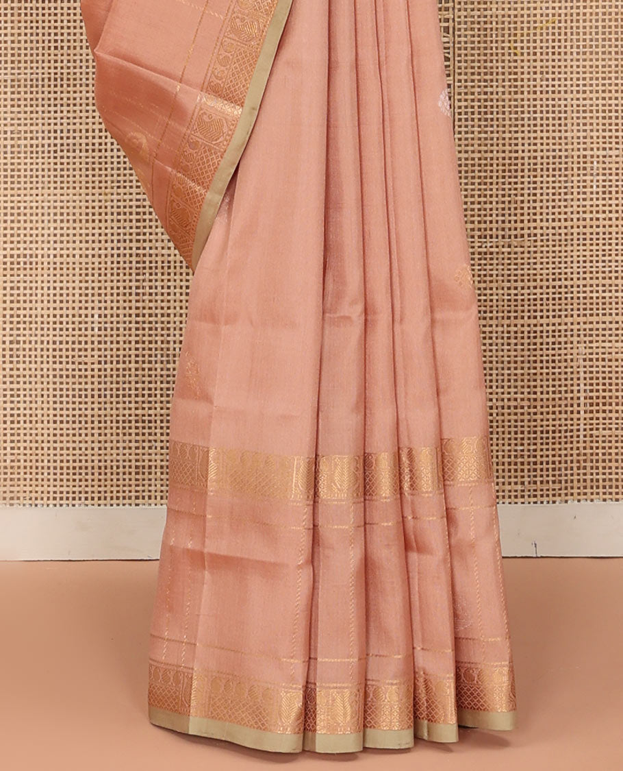 Pastel Pink Uppada Silk Saree Woven with Floral Buttas, Captivating Contrast Border of Traditional Zari Motifs and Peacock Motifs, Pallu Depicting Floral Jaal Design, and Paired with a Contrast Zari-Bordered Blouse