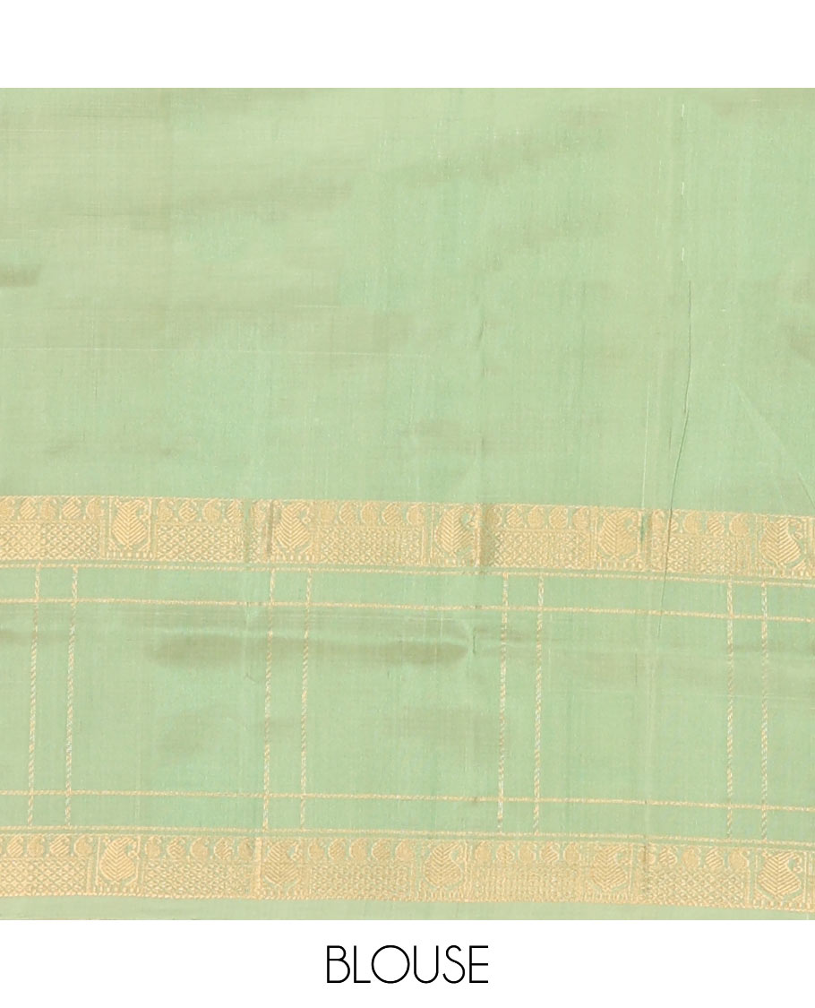 Pastel Pink Uppada Silk Saree Woven with Floral Buttas, Captivating Contrast Border of Traditional Zari Motifs and Peacock Motifs, Pallu Depicting Floral Jaal Design, and Paired with a Contrast Zari-Bordered Blouse