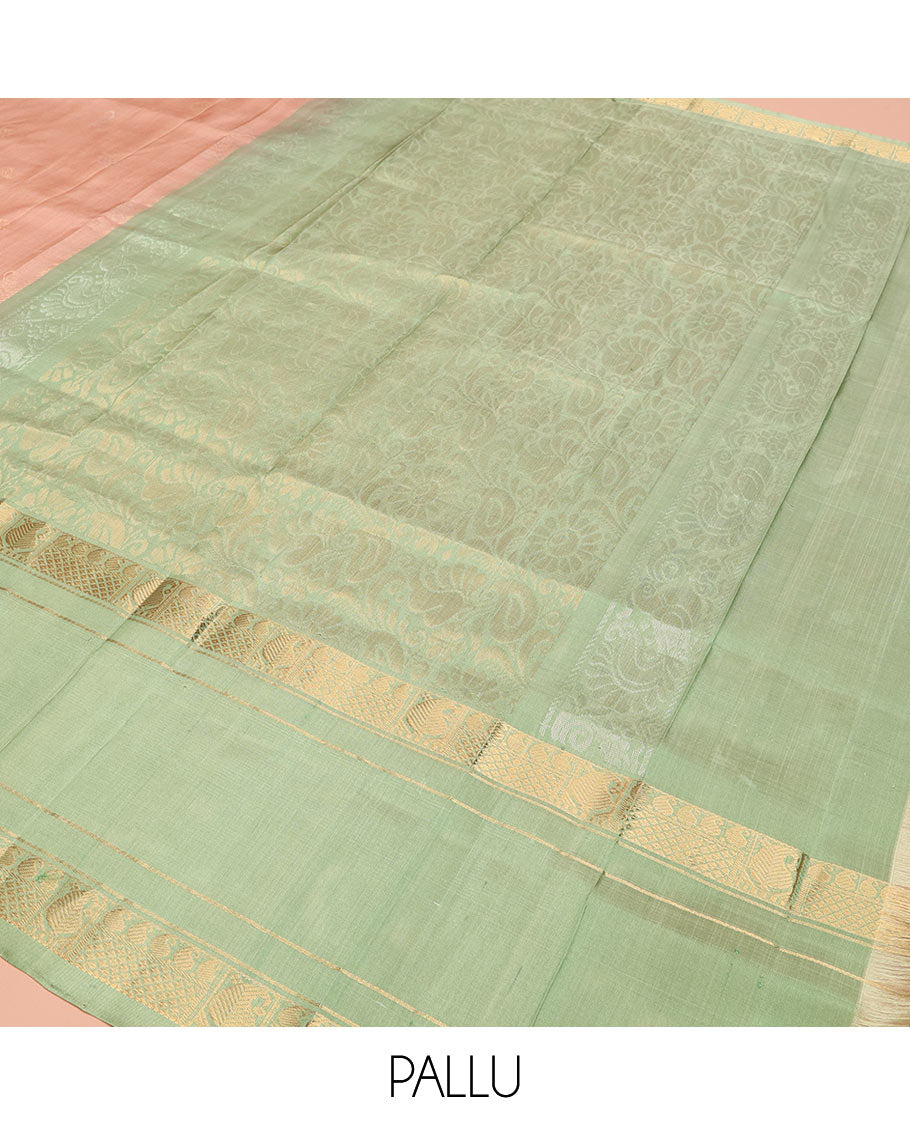Pastel Pink Uppada Silk Saree Woven with Floral Buttas, Captivating Contrast Border of Traditional Zari Motifs and Peacock Motifs, Pallu Depicting Floral Jaal Design, and Paired with a Contrast Zari-Bordered Blouse