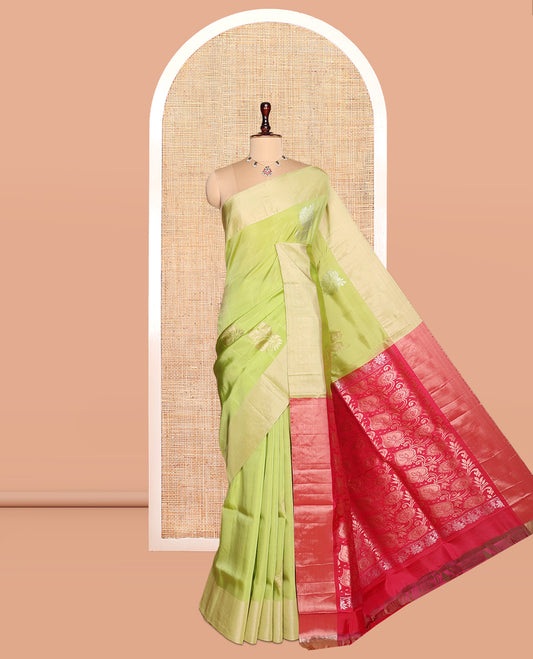 Green Semi Uppada Saree, Elevated with Zari Buttas, a Bavanji Border, Contrast Floral Pallu, and a Contrast Blouse