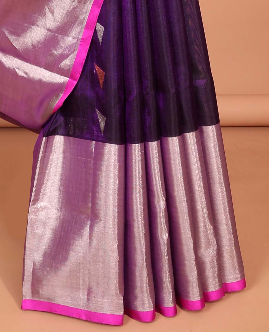 Purple tringle motifs vengatagiri pure silk saree , contrast bavanji border & pallu of argyle pattern