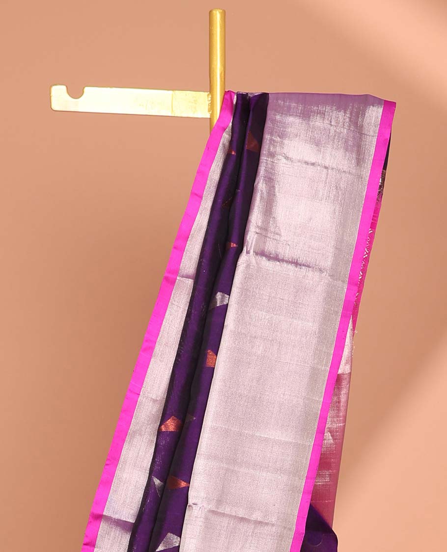 Purple tringle motifs vengatagiri pure silk saree , contrast bavanji border & pallu of argyle pattern