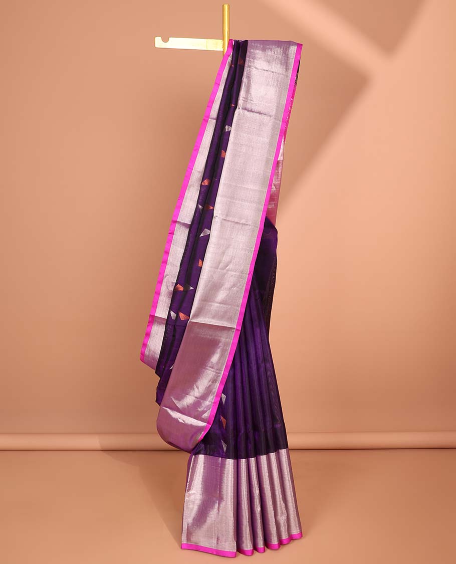 Purple tringle motifs vengatagiri pure silk saree , contrast bavanji border & pallu of argyle pattern