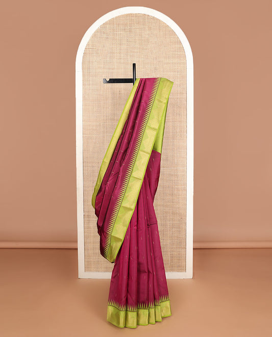 Wine color malli mokku buttas Vasundhara silk mix saree, contrast ara bogudi & thazampoo rekku zari border & paiyadi kann pallu