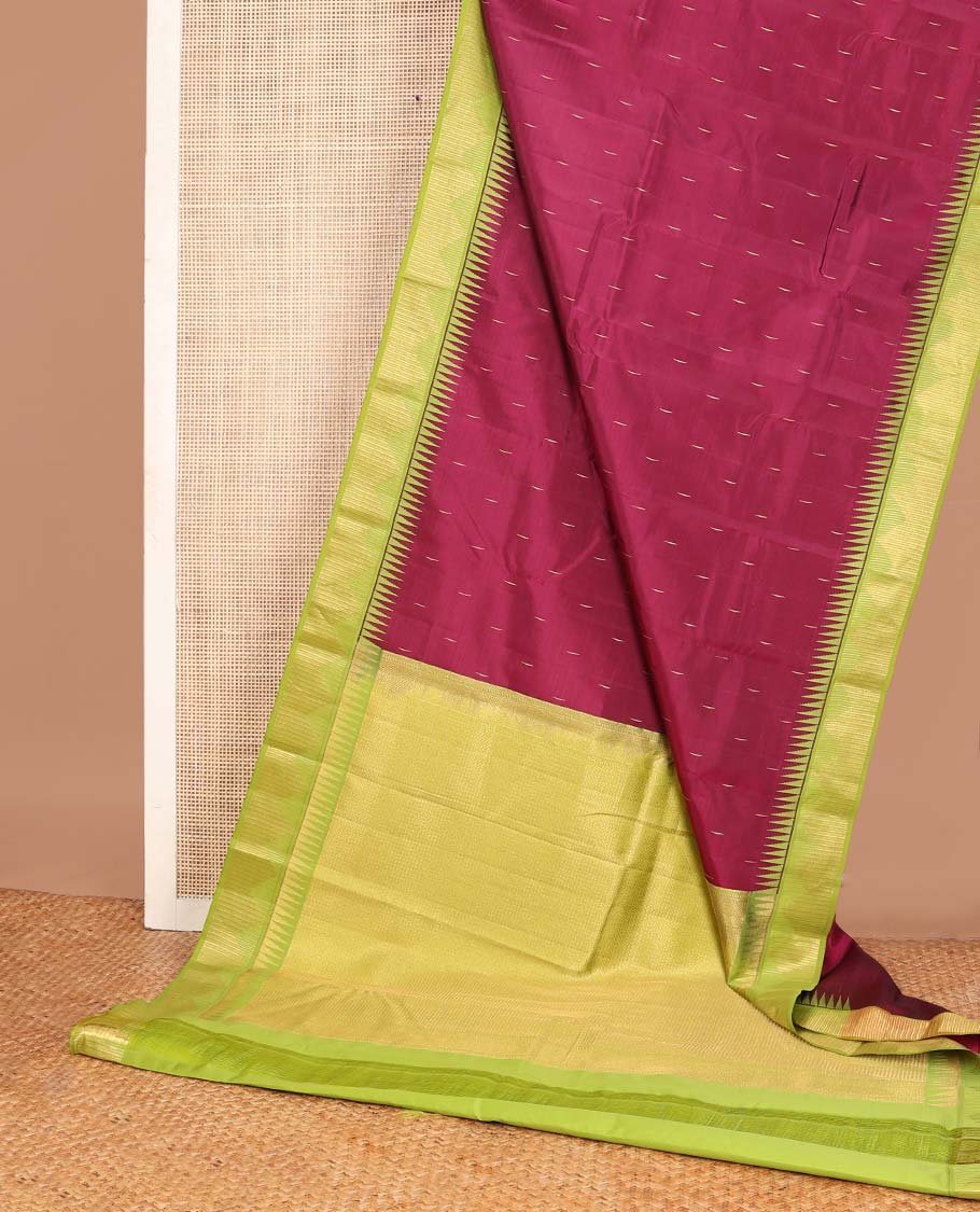 Wine color malli mokku buttas Vasundhara silk mix saree, contrast ara bogudi & thazampoo rekku zari border & paiyadi kann pallu
