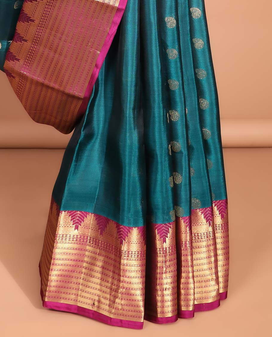 Blue paisley vasundhara silk mix saree with contrast striped, temple zari design border & intricate zari design pallu