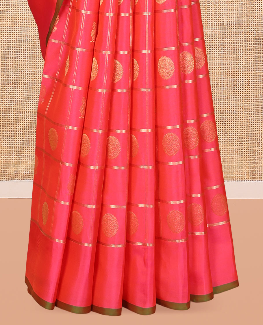 Red Vasundhara Lite Silk Mix Saree, Styled with Mayil-Chakram Butta Enclosed Checks, a Self-Border, Intricate Pallu, and a Matching Blouse