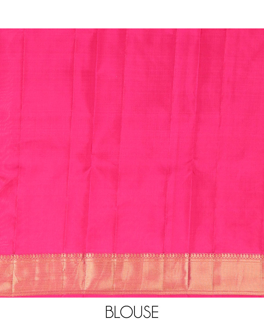Green zari buttas Vasundhara elite silksaree, zari border of thilakam mokku, neli & zari stripes & contrast jaal pallu