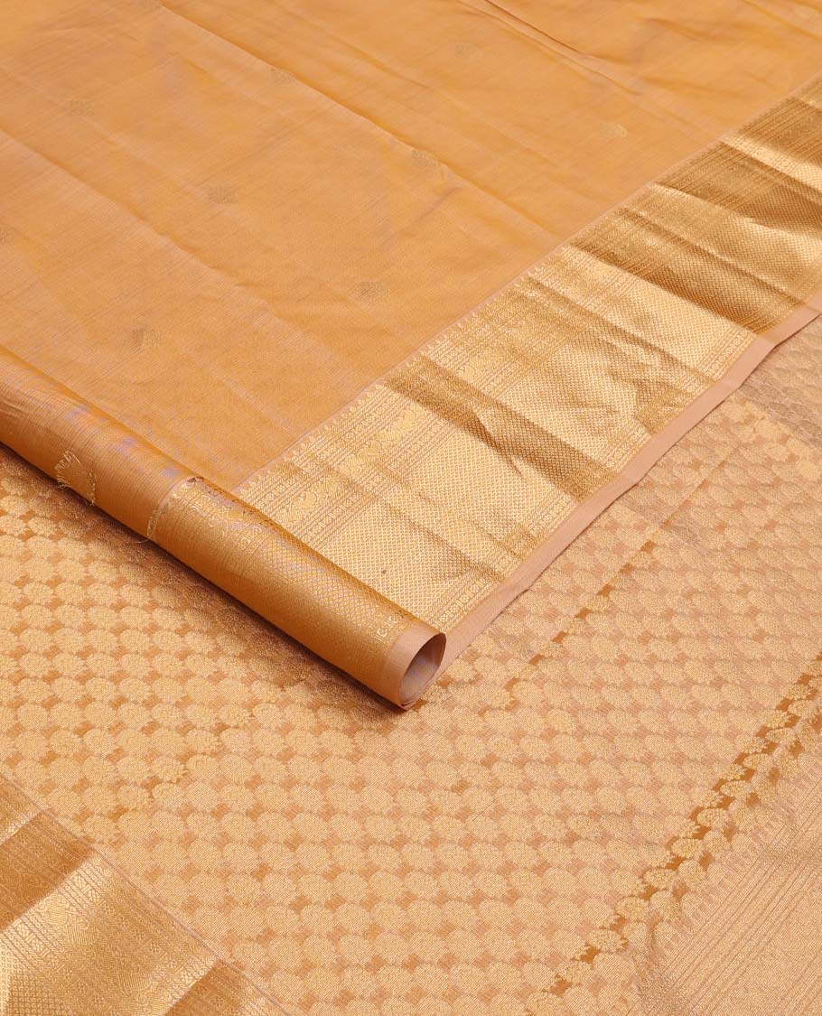 Sandal zari buttas Vasundhara silk mix saree, zari border of thilakam mokku, laddu kamalam, manga, and mayil kann designs, and intricate pallu