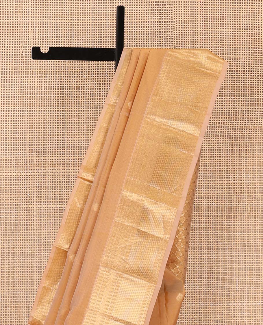 Sandal zari buttas Vasundhara silk mix saree, zari border of thilakam mokku, laddu kamalam, manga, and mayil kann designs, and intricate pallu