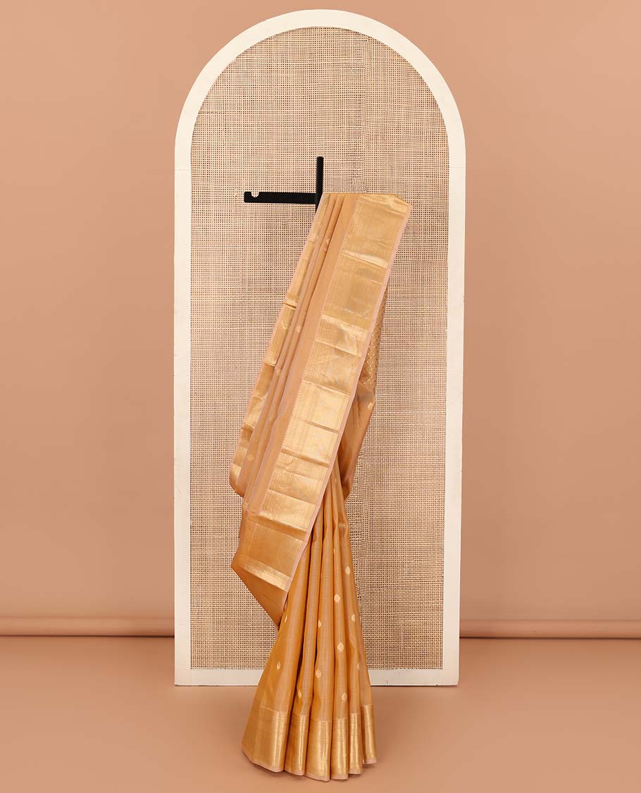 Sandal zari buttas Vasundhara silk mix saree, zari border of thilakam mokku, laddu kamalam, manga, and mayil kann designs, and intricate pallu