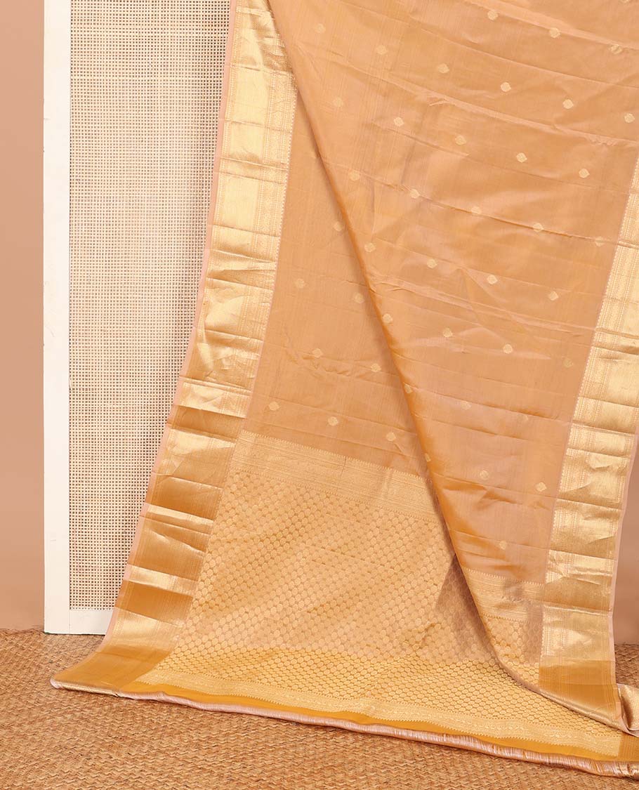 Sandal zari buttas Vasundhara silk mix saree, zari border of thilakam mokku, laddu kamalam, manga, and mayil kann designs, and intricate pallu