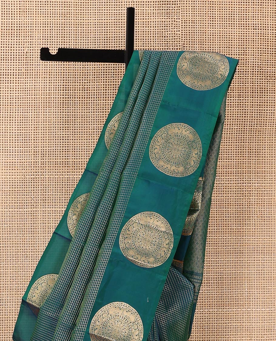 Green zari checked Vasundhara silk mix saree, round chakram zari border, and jaal pallu