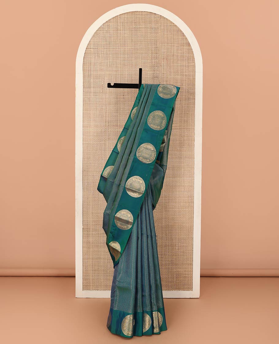 Green zari checked Vasundhara silk mix saree, round chakram zari border, and jaal pallu