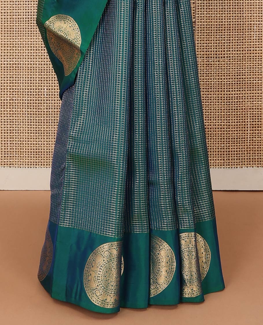 Green zari checked Vasundhara silk mix saree, round chakram zari border, and jaal pallu