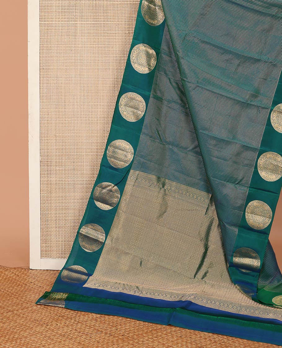 Green zari checked Vasundhara silk mix saree, round chakram zari border, and jaal pallu