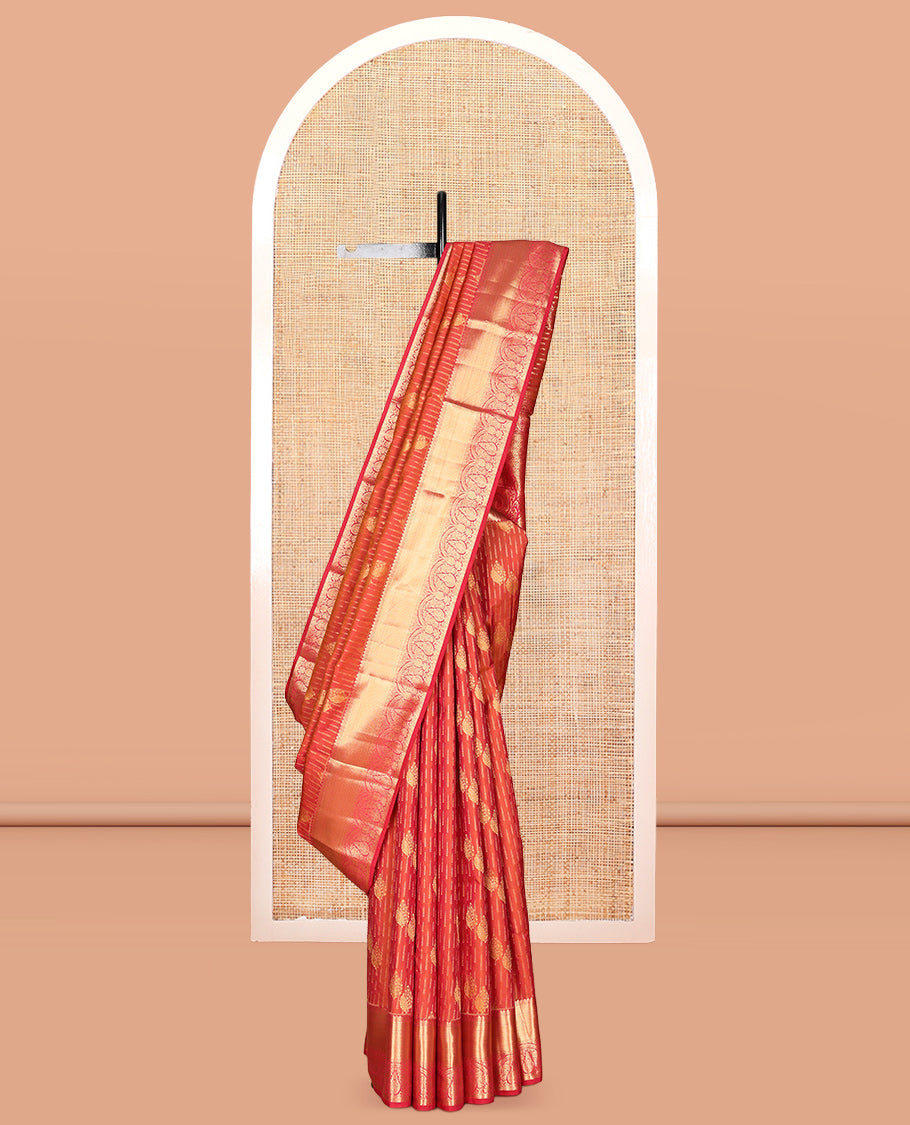 Orange Vasundhara Lite Silk Mix Saree, Beautified with Zari Buttas, a Contrast Border of Thilakam Mokku, Rudraksham, Mayil Kann, and Zari Designs, Grand Pallu, and a Contrast Blouse