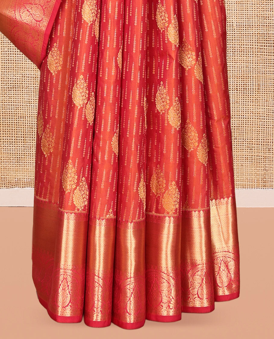 Orange Vasundhara Lite Silk Mix Saree, Beautified with Zari Buttas, a Contrast Border of Thilakam Mokku, Rudraksham, Mayil Kann, and Zari Designs, Grand Pallu, and a Contrast Blouse