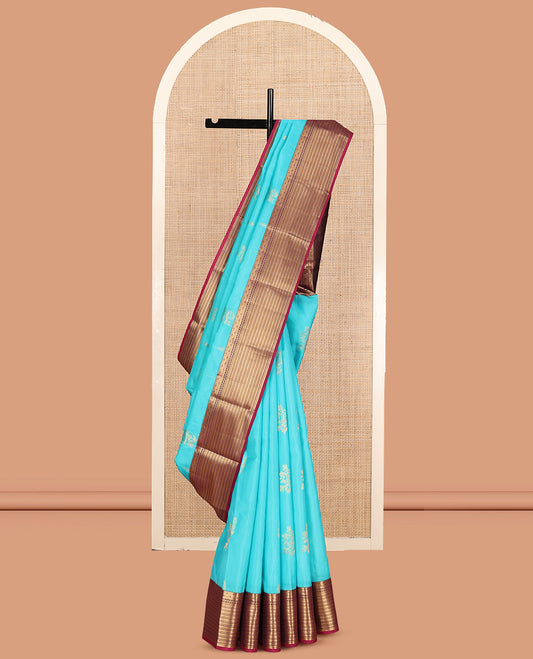 Blue Vasundhara Lite Silk Mix Saree, Accentuated with Zari Buttas, a Contrast Border of Rekku, Kodi Visiry, and Rettai Neli Designs, Intricate Pallu, and a Contrast Blouse