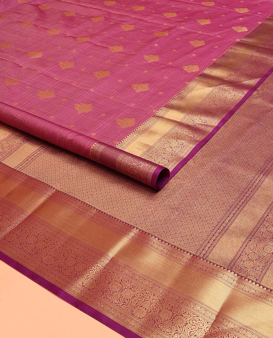 Pink Vasundhara Lite Silk Mix Saree Accentuated with Zari Buttas, Complemented with a Contrast Border Featuring Thilakam, Muthu, Banaras, Kodi Manga, and Kodi Visiry Designs, Zari-Rich Jaal Pallu, and Paired with a Contrast Blouse