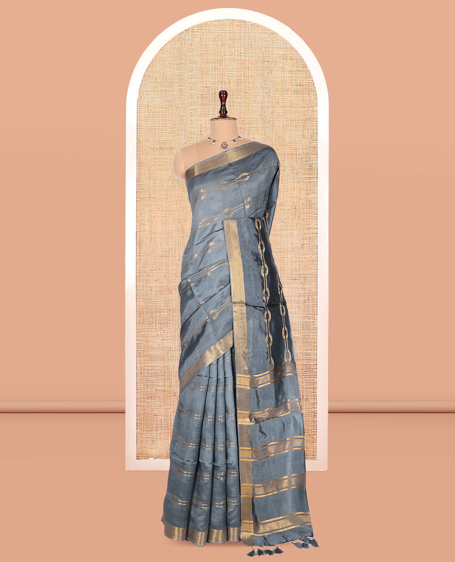 Grey Banana Pith Saree, Ornamented with Zari Designs, a Zari Border, Striped Pallu, and Matching Blouse