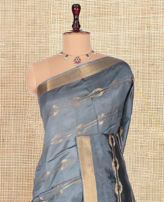 Grey Banana Pith Saree, Ornamented with Zari Designs, a Zari Border, Striped Pallu, and Matching Blouse