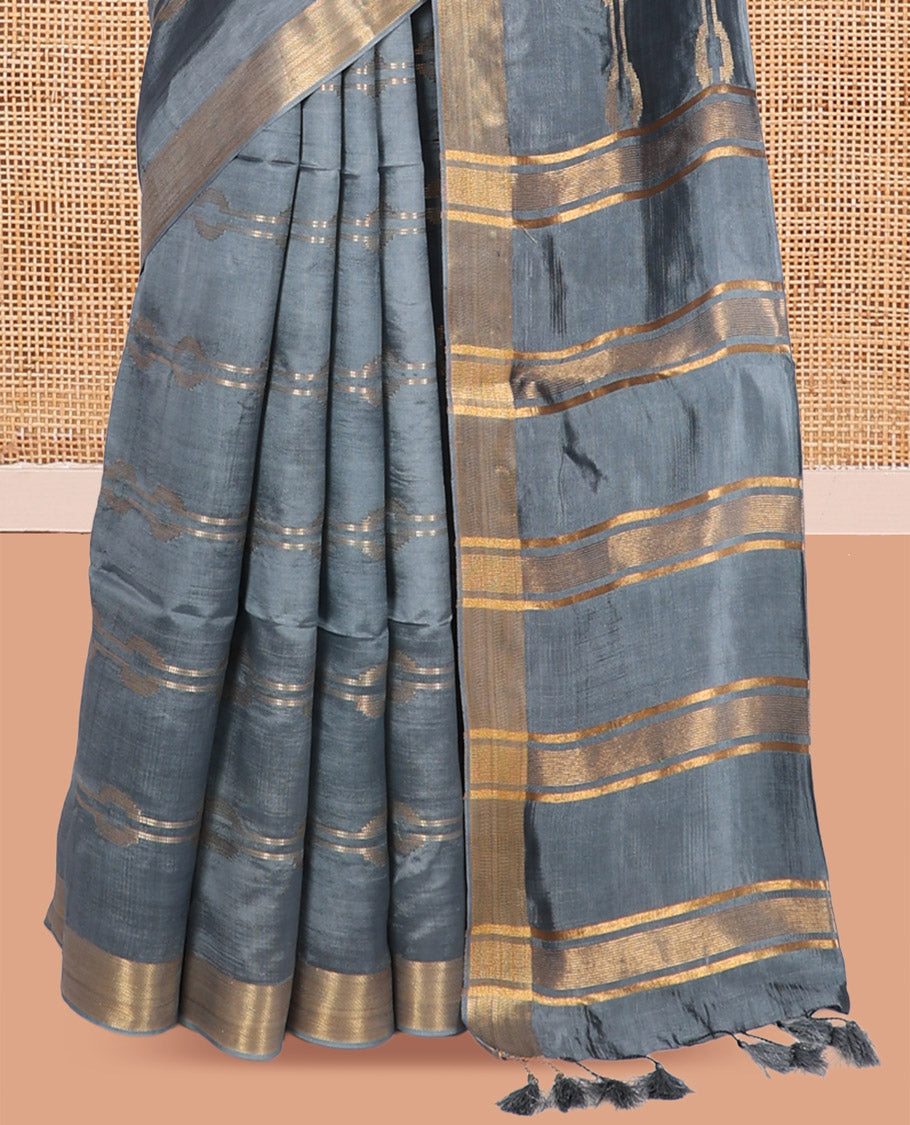 Grey Banana Pith Saree, Ornamented with Zari Designs, a Zari Border, Striped Pallu, and Matching Blouse