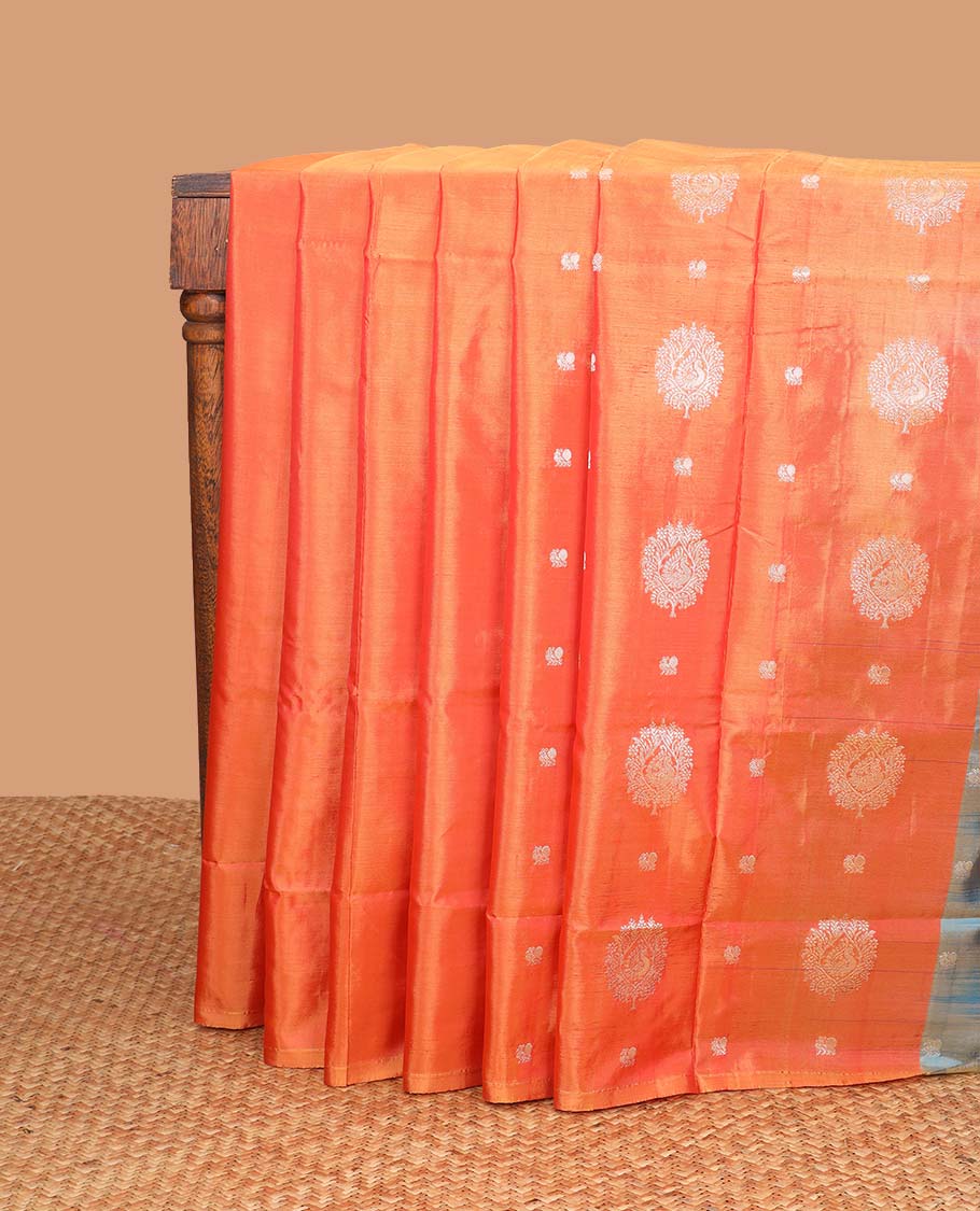 Borderless orange floral motifs banana pith saree with animal design pallu