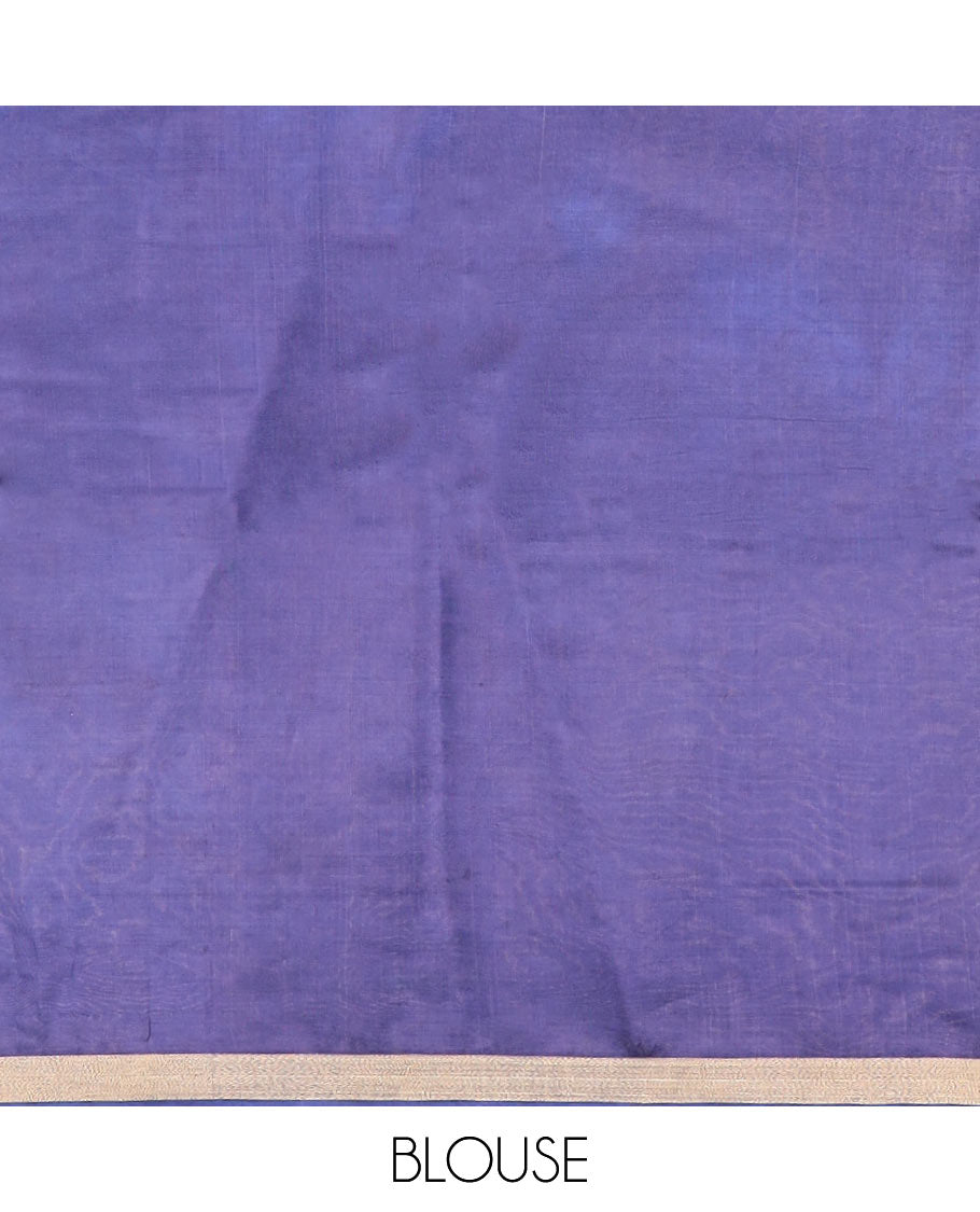 Blue shibori printed banana pith saree, zari piping border, and zari striped pallu