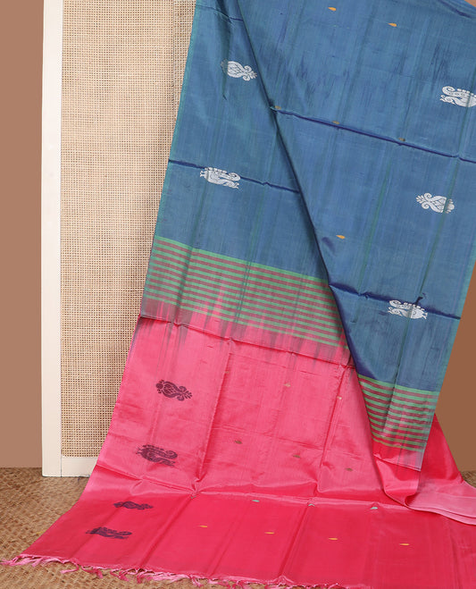 Borderless blue paisley and peacock buttas Banana pith saree, contrast pallu of paisley and peacock buttas