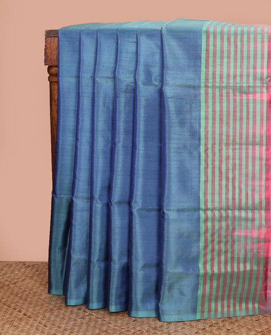 Borderless blue paisley and peacock buttas Banana pith saree, contrast pallu of paisley and peacock buttas
