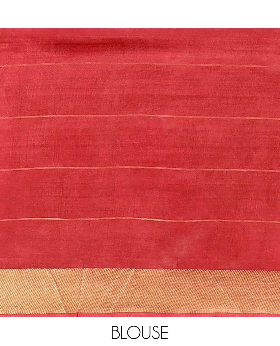 Red Banana Pith Saree Mesmerized with Polka Dot Buttas Enclosed Checks, Subtle Zari Border, Gleaming Zari Stripes Woven Pallu, and Paired with a Matching Plain Blouse