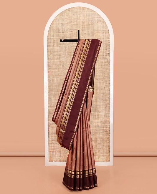 Peach Vasundhara Silk Saree, Adorned with Zari Buttas All Over Its Body, Complemented by a Contrast Rettai Pettu Border of Yaanai Designs, Grand Jaal Pallu, and Paired with a Contrast Blouse