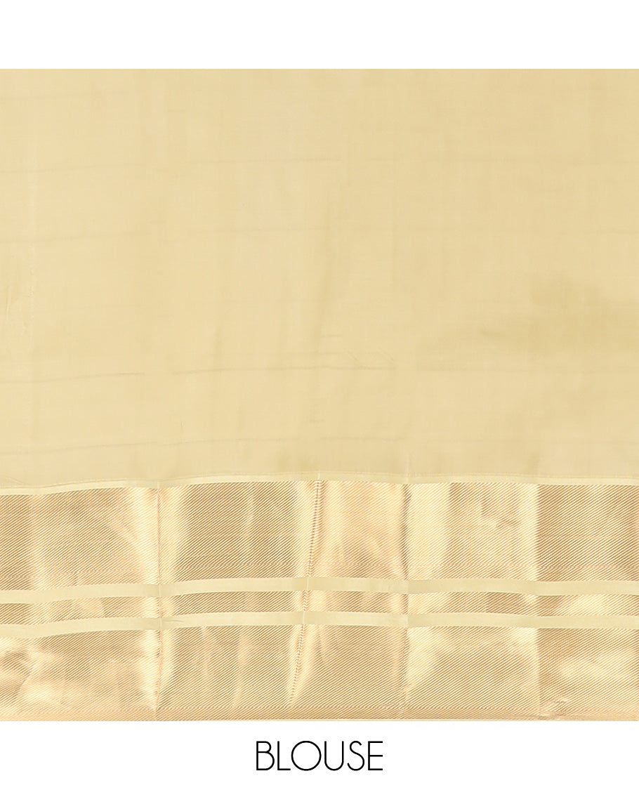 Green zari buttas silk saree, contrast border of kuyil kann, banaras, and mayil designs, and ogee patterned pallu