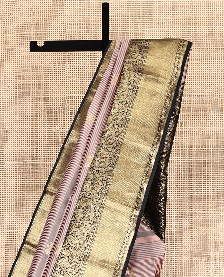 Pink Vasundhara Silk Saree, Accentuated with Zari Buttas and Stripes, Complemented by Contrast Border of Rekku, Muthu, Rudraksham, and Mayil Designs, Grand Pallu, and a Contrast Blouse
