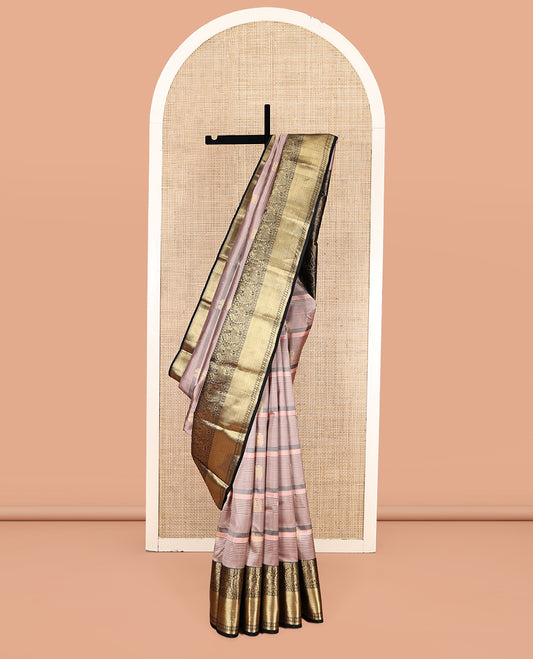 Pink Vasundhara Silk Saree, Accentuated with Zari Buttas and Stripes, Complemented by Contrast Border of Rekku, Muthu, Rudraksham, and Mayil Designs, Grand Pallu, and a Contrast Blouse
