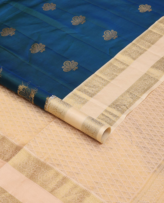Blue zari buttas silk saree, contrast jaal pallu & rettai pettu border of rekku, diamond & kodi visiry designs