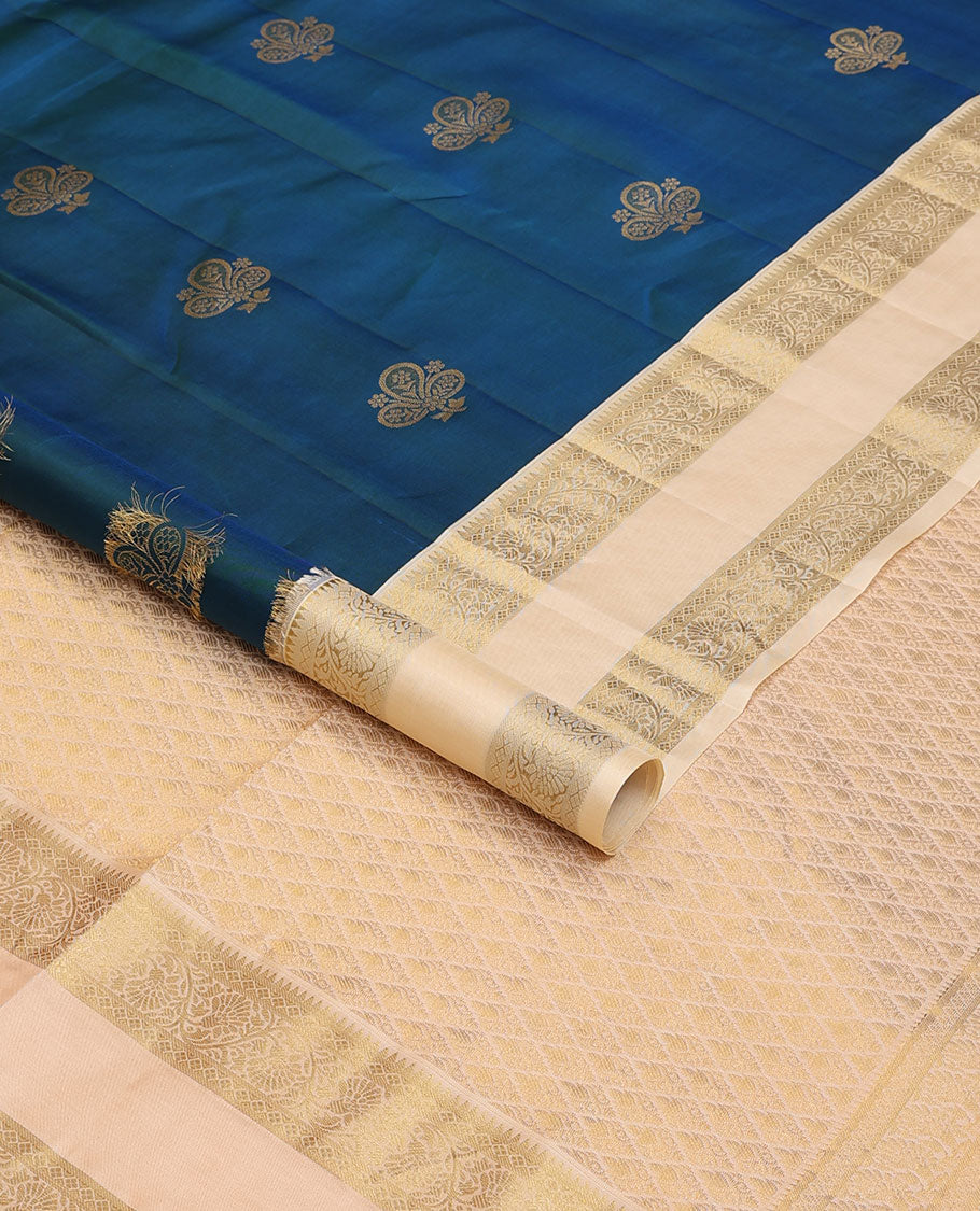 Blue zari buttas silk saree, contrast jaal pallu & rettai pettu border of rekku, diamond & kodi visiry designs