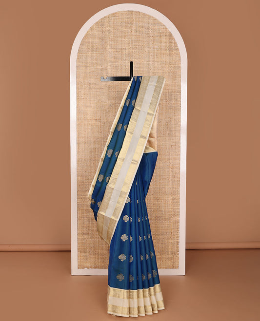 Blue zari buttas silk saree, contrast jaal pallu & rettai pettu border of rekku, diamond & kodi visiry designs