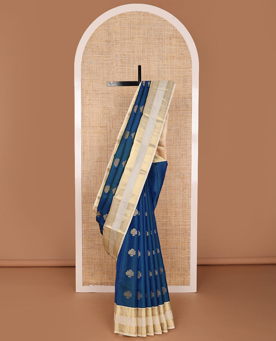 Blue zari buttas silk saree, contrast jaal pallu & rettai pettu border of rekku, diamond & kodi visiry designs