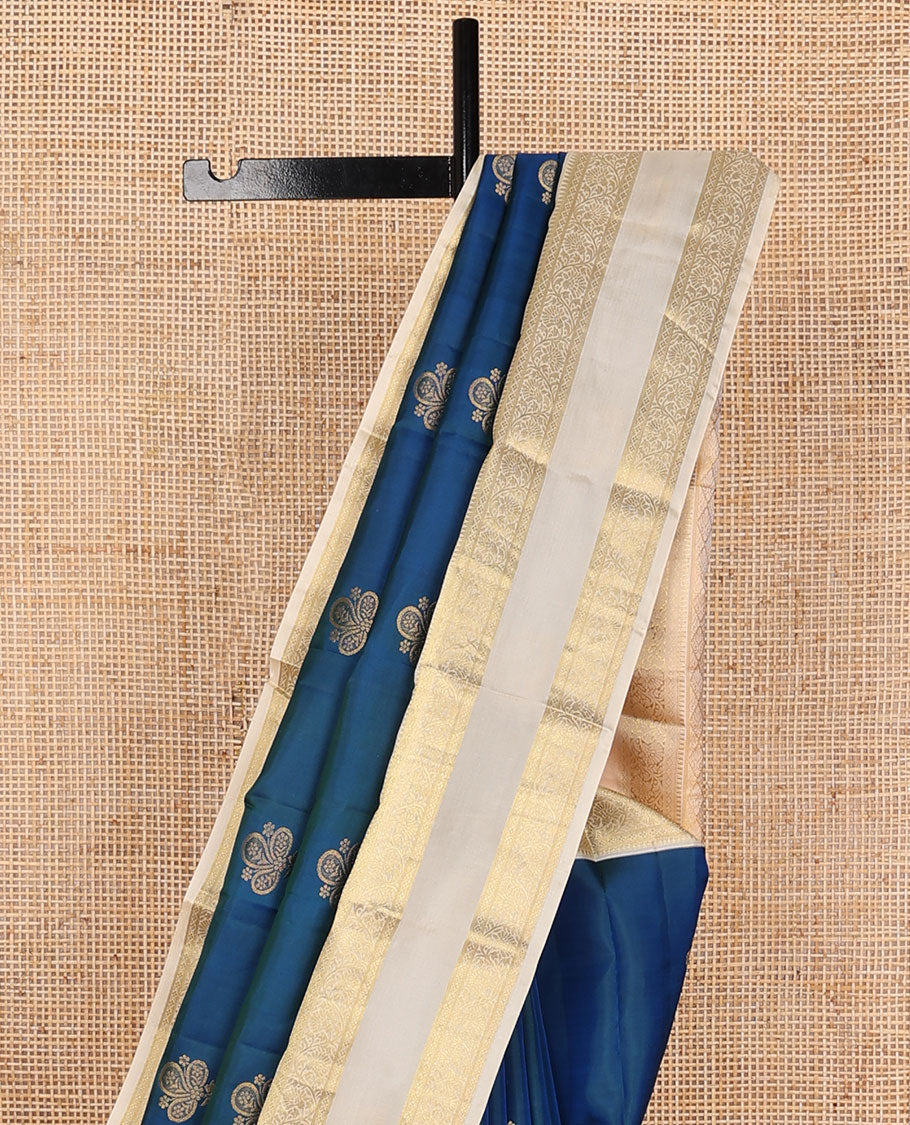 Blue zari buttas silk saree, contrast jaal pallu & rettai pettu border of rekku, diamond & kodi visiry designs