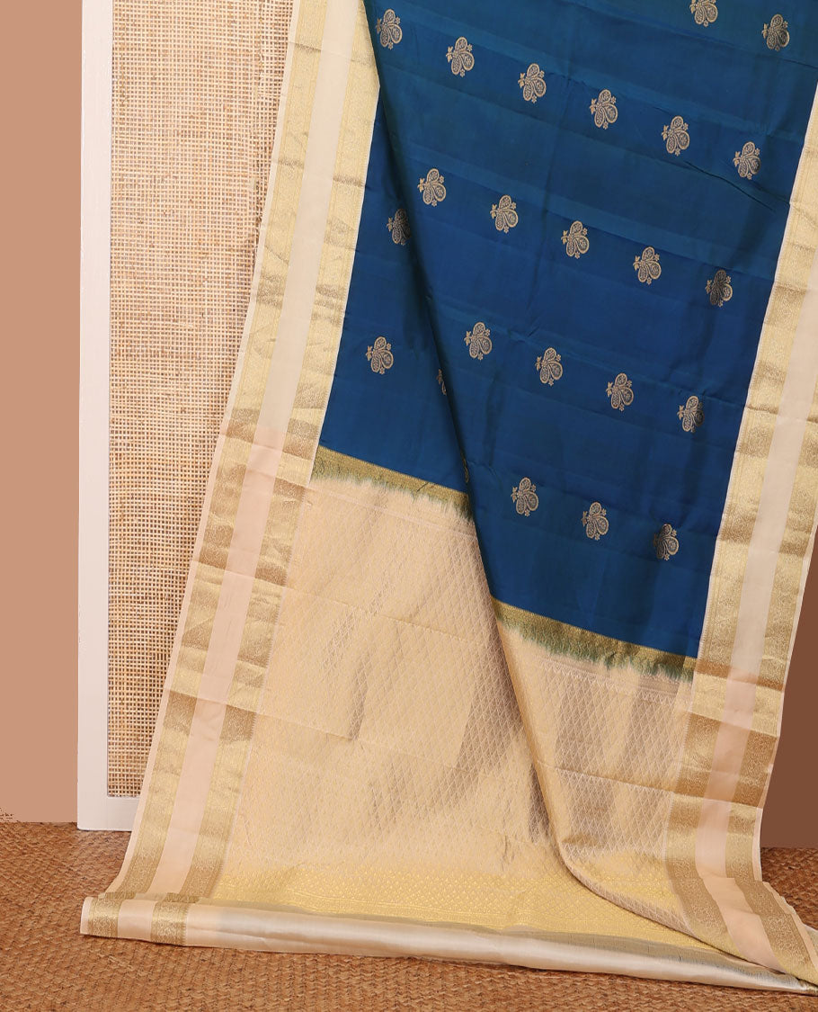 Blue zari buttas silk saree, contrast jaal pallu & rettai pettu border of rekku, diamond & kodi visiry designs