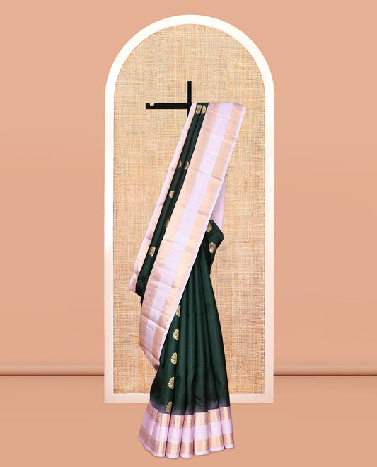 Green Vasundhara Silk Saree, Adorned with Zari Buttas, Contrast Rettai Pettu Border of Mayil, Muthu, Kamalam, and Mayil Kann Designs, Grand Pallu, and Contrast Blouse