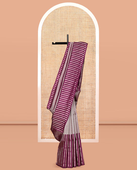 Borderless Purple Vasundhara Silk Saree, Styled with Vanki and Zari Stripes, Highlighted by a Grand Pallu, and Matching Blouse