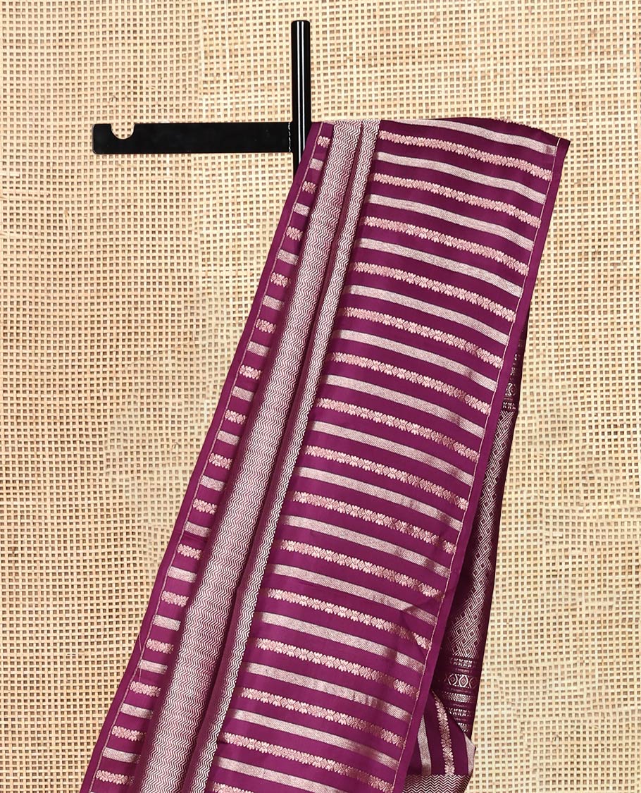 Borderless Purple Vasundhara Silk Saree, Styled with Vanki and Zari Stripes, Highlighted by a Grand Pallu, and Matching Blouse