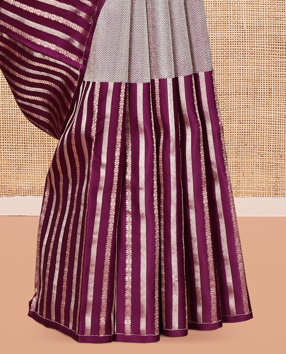 Borderless Purple Vasundhara Silk Saree, Styled with Vanki and Zari Stripes, Highlighted by a Grand Pallu, and Matching Blouse