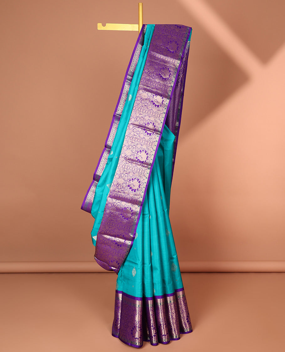 Blue floral buttas silk saree with contrast traditional zari design border & intricate zari design pallu